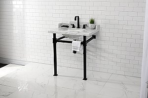 Kingston Brass LMS30MSQ0 Viceroy 30" Carrara Marble Console Sink with Stainless Steel Legs, Marble White/Matte Black