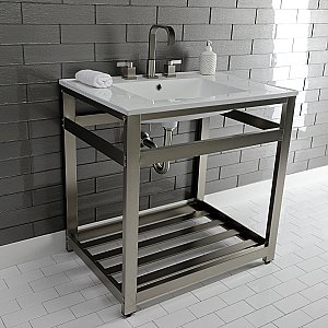Kingston Brass VWP3122W8A8 Quadras 31-Inch Ceramic Console Sink (8-Inch, 3-Hole), White/Brushed Nickel