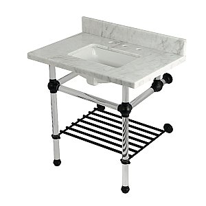 Kingston Brass KVPB3030MASQB0 Templeton 30" Console Sink with Acrylic Legs (8-Inch, 3 Hole), Carrara Marble/Matte Black
