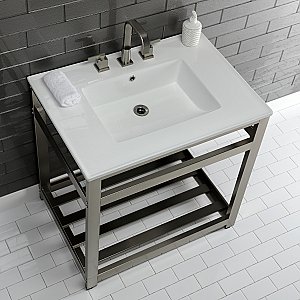 Kingston Brass VWP3122W8A8 Quadras 31-Inch Ceramic Console Sink (8-Inch, 3-Hole), White/Brushed Nickel