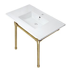 Kingston Brass KVPB3722717 Dreyfuss 37-Inch Console Sink with Stainless Steel Legs (Single Faucet Hole), White/Brushed Brass