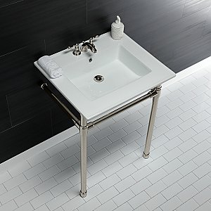 Kingston Brass KVPB25227W46 Dreyfuss 25" Console Sink with Stainless Steel Legs (4-Inch, 3 Hole), White/Polished Nickel
