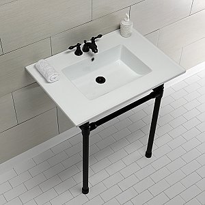 Kingston Brass KVPB31227W40 Dreyfuss 31" Console Sink with Stainless Steel Legs (4-Inch, 3 Hole), White/Matte Black