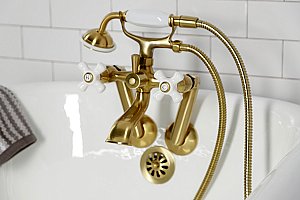 Kingston Brass KS269PXSB Kingston Tub Wall Mount Clawfoot Tub Faucet with Hand Shower, Brushed Brass