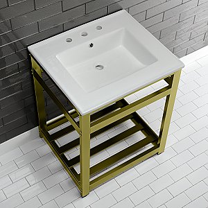 Kingston Brass VWP2522W8A7 Quadras 25-Inch Ceramic Console Sink (8-Inch, 3-Hole), White/Brushed Brass