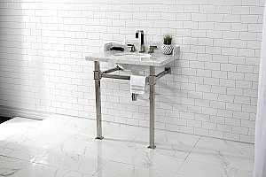 Kingston Brass LMS30MOQ6 Viceroy 30" Carrara Marble Console Sink with Stainless Steel Legs, Marble White/Polished Nickel