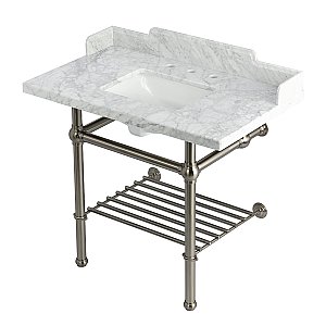 Kingston Brass LMS3630MBSQB8 Pemberton 36" Console Sink with Brass Legs (8-Inch, 3 Hole), Marble White/Brushed Nickel