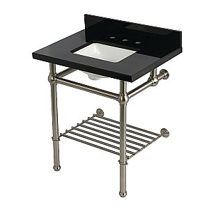 Kingston Brass KVPK30KBSQB8 Templeton 30" Black Granite Console Sink with Brass Legs and Shelf (8-Inch - 3-Hole) - Black Granite/Brushed Nickel