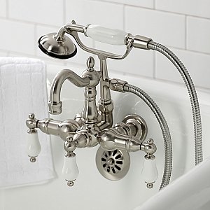 Kingston Brass CA1011T8 Heritage 3-3/8" Tub Wall Mount Clawfoot Tub Faucet with Hand Shower, Brushed Nickel