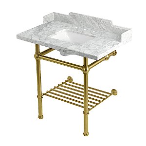 Kingston Brass LMS36MBSQB7 Pemberton 36" Console Sink with Brass Legs (8-Inch, 3 Hole), Marble White/Brushed Brass