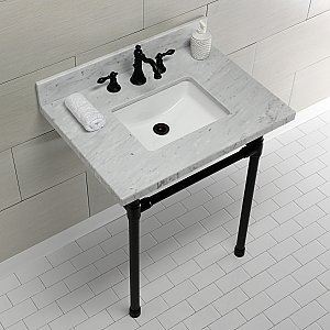 Kingston Brass KVPB30M8SQ0ST Dreyfuss 30" x 22" Carrara Marble Vanity Top with Stainless Steel Legs, Marble White/Matte Black