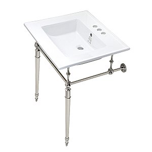 Kingston Brass KVPB25227W4PN Edwardian 25-Inch Console Sink with Brass Legs (4-Inch, 3 Hole), White/Polished Nickel