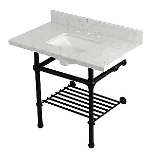 Kingston Brass KVPB3630MBSQB0 Templeton 36" Console Sink with Brass Legs (8-Inch, 3 Hole), Carrara Marble/Matte Black