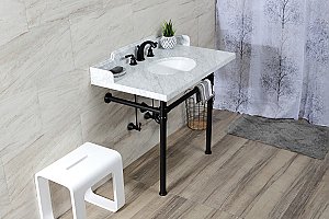 Kingston Brass LMS3622M80ST Wesselman 36" Carrara Marble Console Sink with Stainless Steel Legs, Marble White/Matte Black