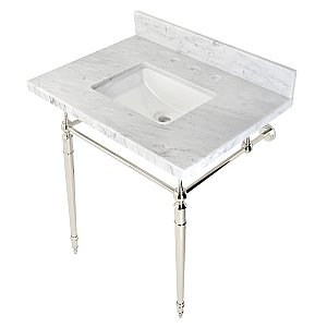 Kingston Brass KVPB3022M8SQ6 Edwardian 30" Console Sink with Brass Legs (8-Inch, 3 Hole), Marble White/Polished Nickel