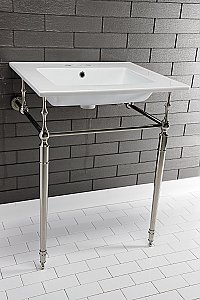 Kingston Brass KVPB25227W4PN Edwardian 25-Inch Console Sink with Brass Legs (4-Inch, 3 Hole), White/Polished Nickel