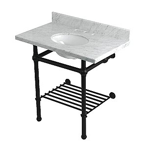 Kingston Brass KVPB36MBB0 Templeton 36" Console Sink with Brass Legs (8-Inch, 3 Hole), Carrara Marble/Matte Black