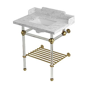 Kingston Brass LMS30MASQB7 Pemberton 30" Console Sink with Acrylic Legs (8-Inch, 3 Hole), Marble White/Brushed Brass