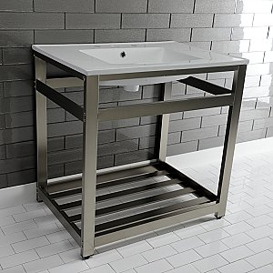 Kingston Brass VWP3122W8A8 Quadras 31-Inch Ceramic Console Sink (8-Inch, 3-Hole), White/Brushed Nickel