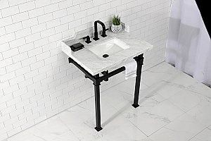 Kingston Brass LMS30MSQ0 Viceroy 30" Carrara Marble Console Sink with Stainless Steel Legs, Marble White/Matte Black