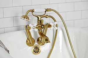 Kingston Brass KS269PXSB Kingston Tub Wall Mount Clawfoot Tub Faucet with Hand Shower, Brushed Brass