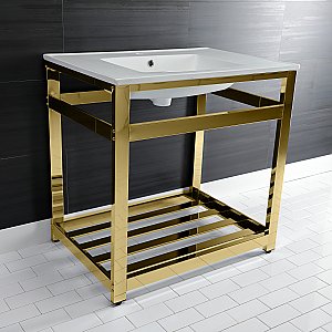 Kingston Brass VWP3122A2 Quadras 31-Inch Ceramic Console Sink (1-Hole), White/Polished Brass