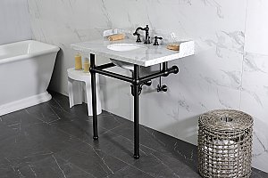 Kingston Brass LMS36MB0 Pemberton 36" Carrara Marble Console Sink with Brass Legs, Marble White/Matte Black