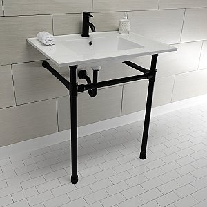 Kingston Brass KVPB3122710 Dreyfuss 31" Console Sink with Stainless Steel Legs (Single Faucet Hole), White/Matte Black