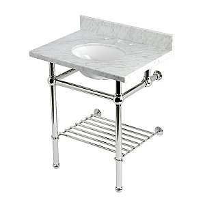 Kingston Brass KVPB30MBB6 Templeton 30" Console Sink with Brass Legs (8-Inch, 3 Hole), Carrara Marble/Polished Nickel