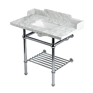 Kingston Brass LMS36MBSQB1 Pemberton 36" Console Sink with Brass Legs (8-Inch, 3 Hole), Marble White/Polished Chrome