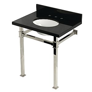 Kingston Brass KVPK30KOQ6 Monarch 30" Black Granite Console Sink with Stainless Steel Legs (8-Inch - 3-Hole) - Black Granite/Polished Nickel