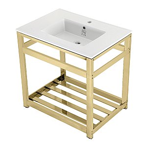 Kingston Brass VWP3122A2 Quadras 31-Inch Ceramic Console Sink (1-Hole), White/Polished Brass
