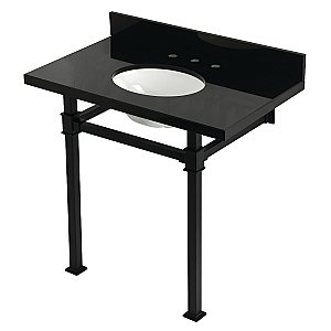 Kingston Brass KVPK36KOQ0 Monarch 36" Black Granite Console Sink with Stainless Steel Legs (8-Inch - 3-Hole) - Black Granite/Matte Black