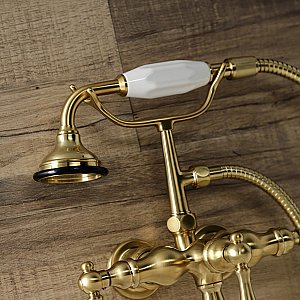 Kingston Brass AE19T7 Aqua Vintage 3-3/8 Inch Wall Mount Tub Faucet with Hand Shower, Brushed Brass