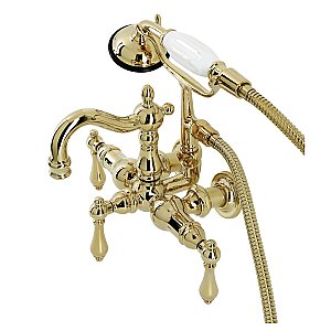 Kingston Brass CA1007T2 Heritage 3-3/8" Tub Wall Mount Clawfoot Tub Faucet with Hand Shower, Polished Brass