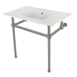 Kingston Brass KVBH37227BN Addington 37" Console Sink with Brass Legs (Single Faucet Hole), White/Brushed Nickel