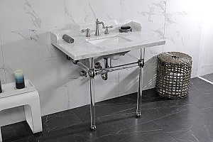 Kingston Brass LMS3630MASQ8 Pemberton 36" Carrara Marble Console Sink with Acrylic Legs, Marble White/Brushed Nickel