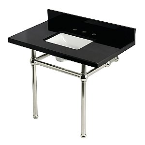 Kingston Brass KVPK3630KBSQ6 Templeton 36" Black Granite Console Sink with Brass Legs (8-Inch - 3-Hole) - Black Granite/Polished Nickel
