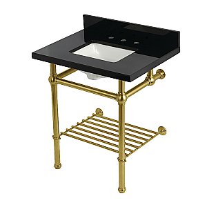 Kingston Brass KVPK30KBSQB7 Templeton 30" Black Granite Console Sink with Brass Legs and Shelf (8-Inch - 3-Hole) - Black Granite/Brushed Brass