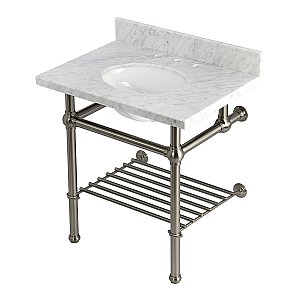 Kingston Brass KVPB3030MBB8 Templeton 30" Console Sink with Brass Legs (8-Inch, 3 Hole), Carrara Marble/Brushed Nickel