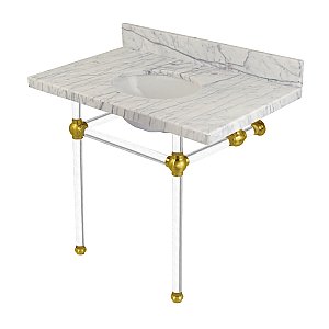 Kingston Brass KVPB3630MA7 Templeton 36" x 22" Carrara Marble Vanity Top with Clear Acrylic Console Legs, Carrara Marble/Brushed Brass