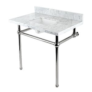 Kingston Brass KVBH3622M8SQ6 Addington 36" Console Sink with Brass Legs (8-Inch, 3 Hole), Marble White/Polished Nickel