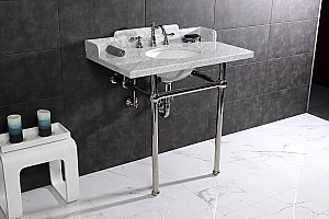 Kingston Brass LMS36MB6 Pemberton 36" Carrara Marble Console Sink with Brass Legs, Marble White/Polished Nickel
