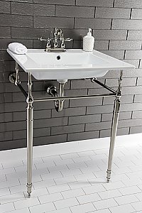 Kingston Brass KVPB25227W4PN Edwardian 25-Inch Console Sink with Brass Legs (4-Inch, 3 Hole), White/Polished Nickel