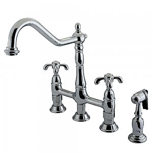 Kingston Brass KS1271TXBS French Country Bridge Kitchen Faucet with Brass Sprayer, Polished Chrome