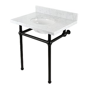 Kingston Brass KVBH3022M80 Addington 30" Console Sink with Brass Legs (8-Inch, 3 Hole), Marble White/Matte Black
