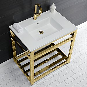 Kingston Brass VWP3122A2 Quadras 31-Inch Ceramic Console Sink (1-Hole), White/Polished Brass