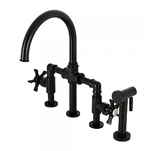 Kingston Brass KS2330NX Hamilton Industrial Style Bridge Kitchen Faucet with Brass Sprayer, Matte Black