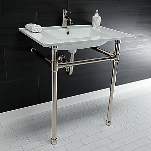 Kingston Brass KVPB3122716 Dreyfuss 31" Console Sink with Stainless Steel Legs (Single Faucet Hole), White/Polished Nickel