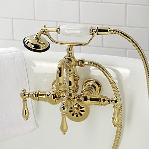 Kingston Brass CA1007T2 Heritage 3-3/8" Tub Wall Mount Clawfoot Tub Faucet with Hand Shower, Polished Brass